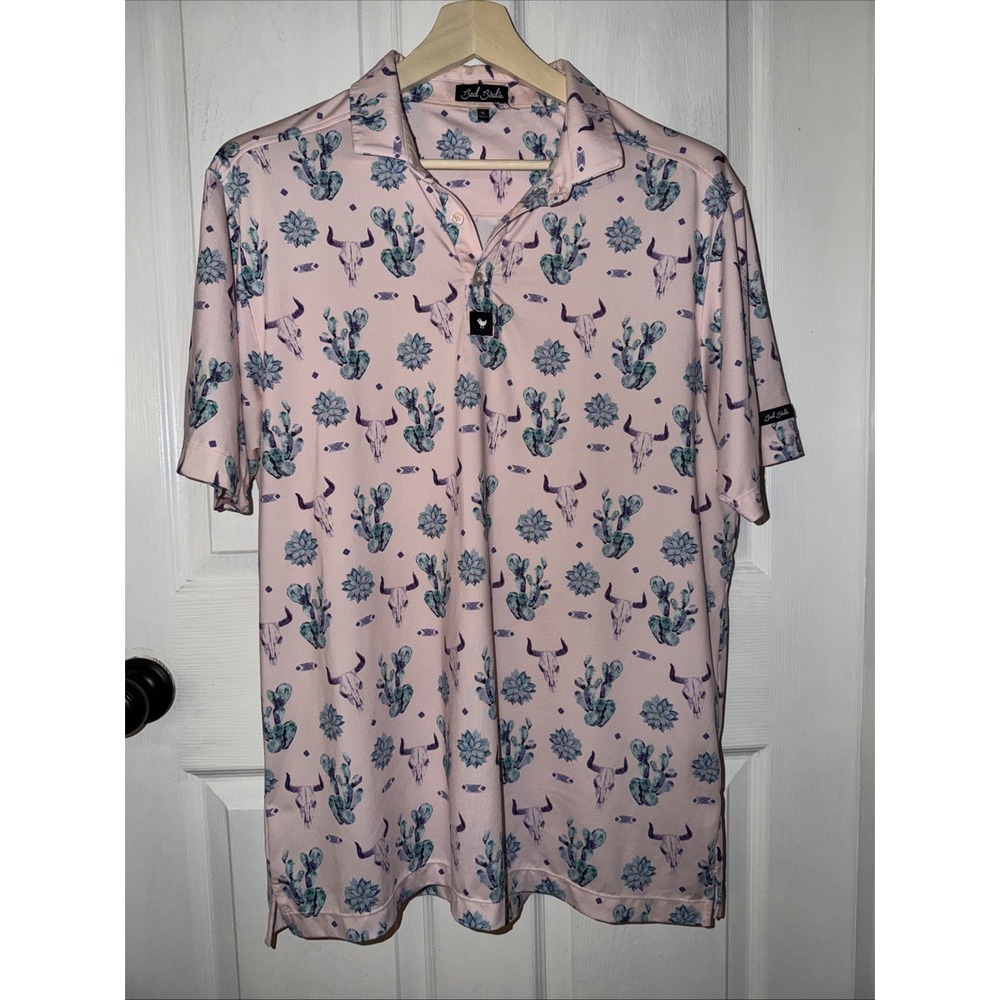 Bad Birdie Men's Golf Polo Southwestern Print Skull Cacti XL Pink Multi
